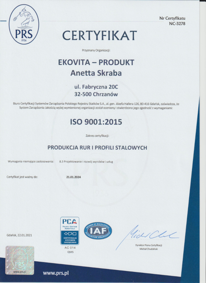 Zdjęcie certyfikatu ISO 9001:2015